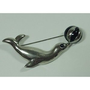 Vintage Seal with Ball Silvertone and Black Enamel Brooch Pin Estate Statement